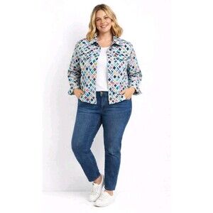 Denim Jacket Women 1X Lightweight Geometric Casual Button Front Colorful